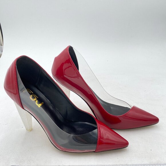 FSJ Red Clear Pointed Toe Shiny High Cone Heel Pumps Classic Party Dress Shoes - Picture 4 of 8